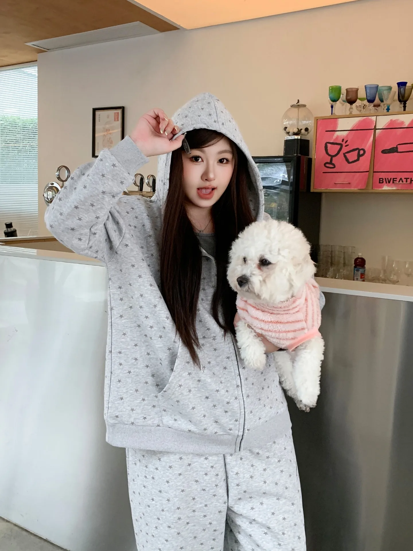

YUZI Casual Hoodie Set Star Print Loose Fit Spring Summer Women's plus Size Two-Piece Suite Comfortable Breathable Cotton Pol...