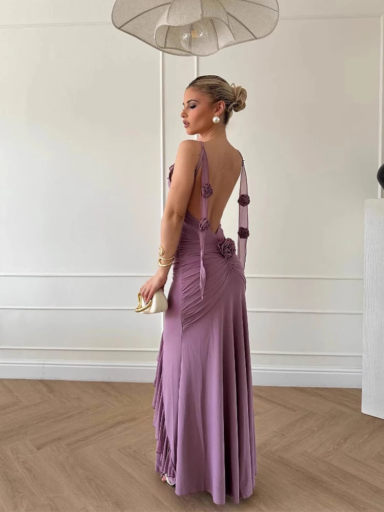 3d flor babados em camadas vestidos para mulheres sem costas chiffon fino plissado sexy vestido de festa feminino clube natal baile noite ro