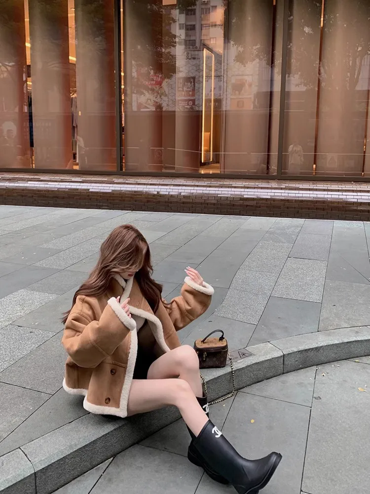 Thiened Pelle scamosciata ort Jaet Donna Autunno Inverno Nuovo Sle Biker Abbigliamento Pelliccia di agnello Top Inteated Abbigliamento in cotone per ort P...