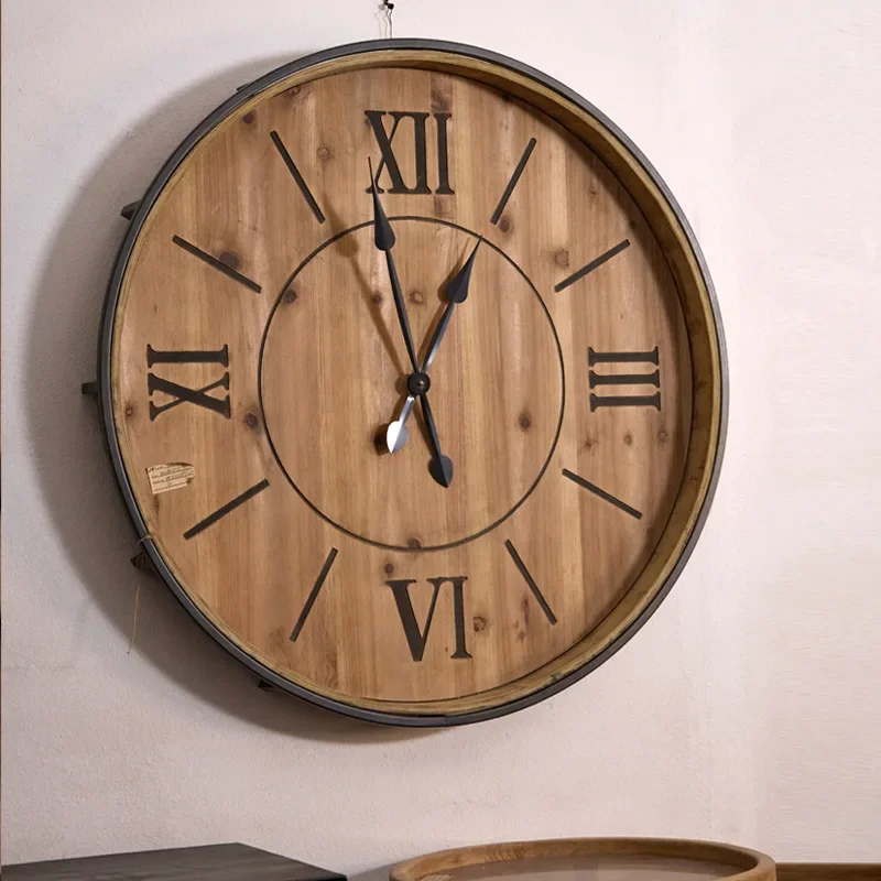 European and American and iron wall round clock creative gear  watch retro literary solid wood  clock decoration