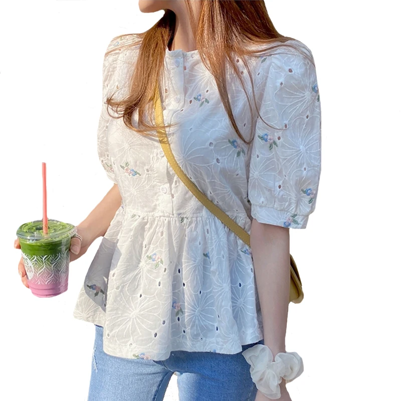 Korean Chic Puff sleeve embroidery top Summer Ruffles Women blouse Hollow out White Lace shirt