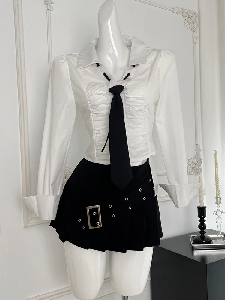 Autumn Women Gyaru Japanese Y2k Preppy 2000s Goblin Core Dark Academia Outfits 2 Piece Set Long Sleeve Shirt + Gothic Mini Skirt