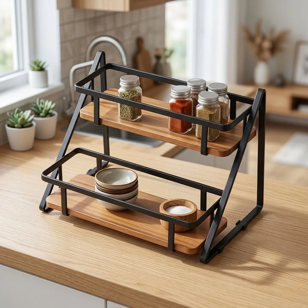 Natural Wood 2 Shelf Storage Rack with Sloped Base for Kitchen Bath Desk Use Spice Makeup and Skincare Organization