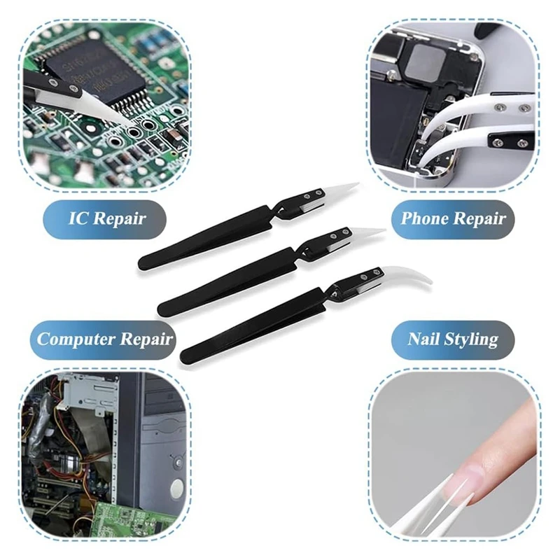 3Pcs Precision Ceramic Reverse Tweezers, Straight & Curved Tips Tweezers Set, Stainless Steel Tweezers-A22G