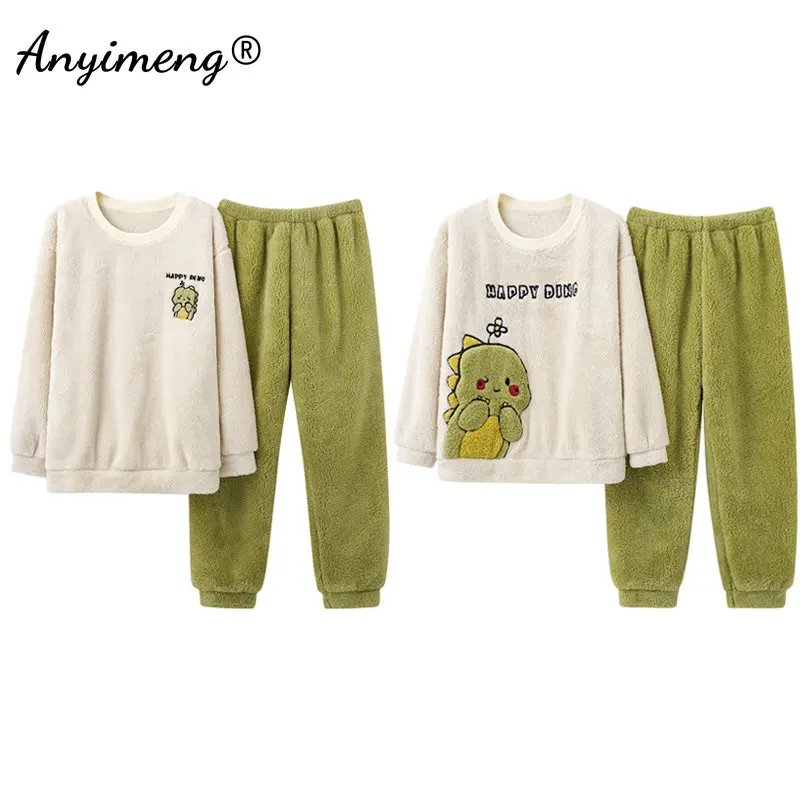 

Couple Winter Thick Warm Pajamas Set Cartoon Dinosaur Printing Coral Fleece Pijamas Fashion Sleepwear Long Sleeve Loungewear