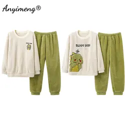 Couple Winter Thick Warm Pajamas Set Cartoon Dinosaur Printing Coral Fleece Pijamas Fashion Sleepwear Long Sleeve Loungewear