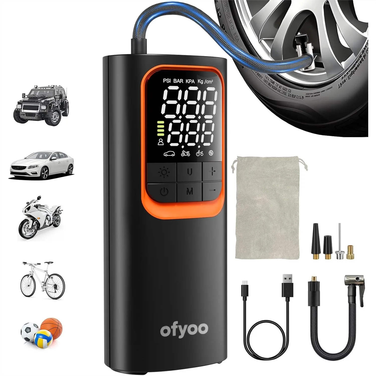

Portable Air Compressor Tire Inflator with 170PSI High Pressure, Digital Display & Auto Stop for Cars Bikes Motorcycles, USB