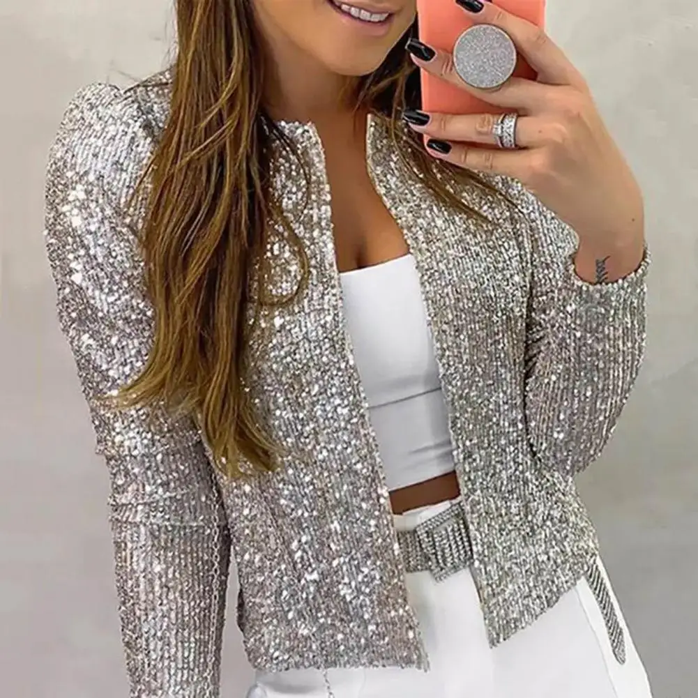 

Lady Coat Sequin Round Neck Women's Coat Long Sleeve Open Stitch Cardigan for Commute Club Party Solid Color Lady Jacket Elegant