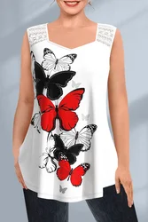 Women Fashion Plus Size Tank Top Casual White Lace Stitching Butterfly Print Sleeveless Round Neck Summer Basic Loose Tank Top