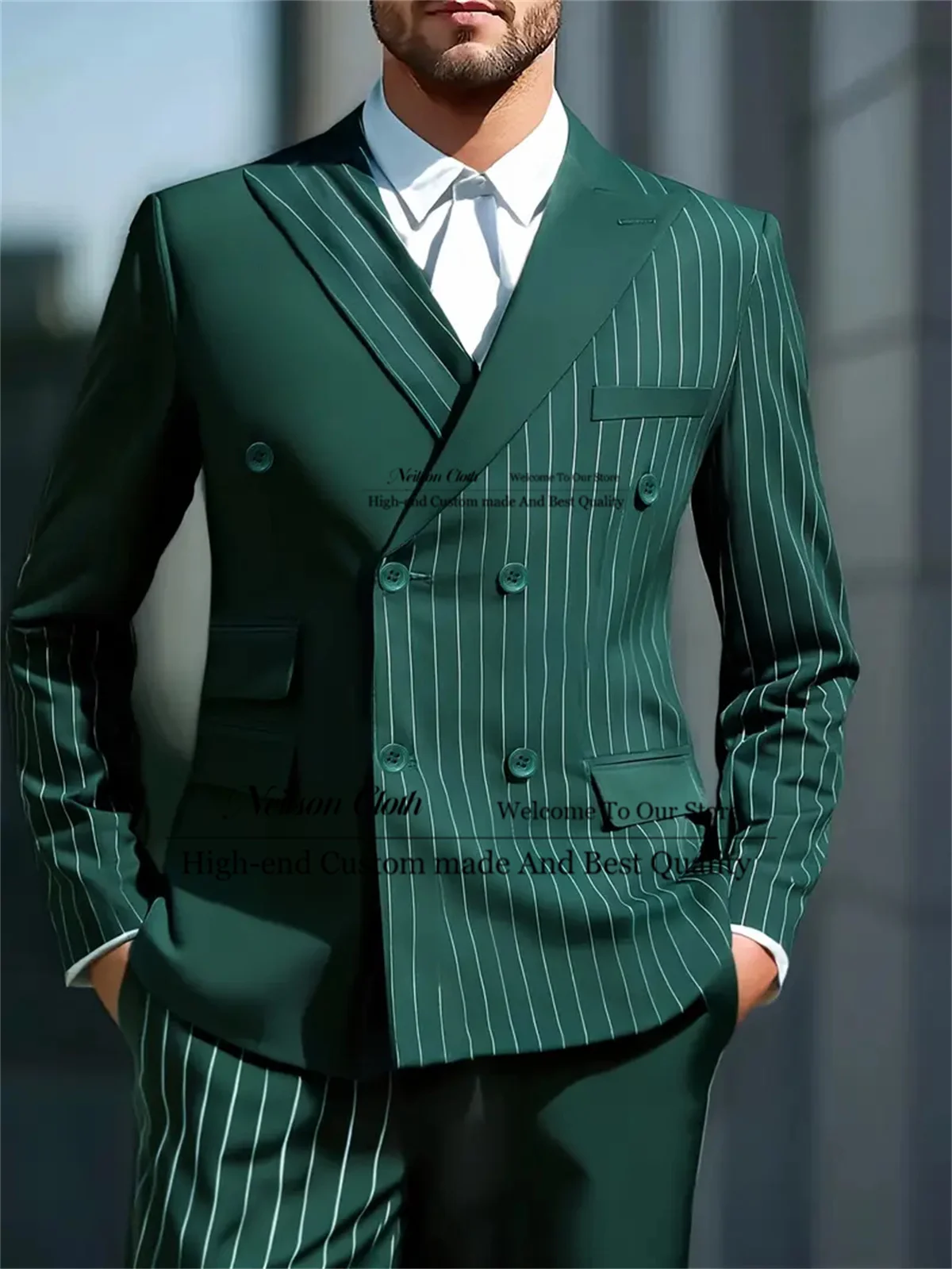 

Dark Green Stripe Male Prom Blazers Double Breasted 2 Pcs Sets Groom Wedding Tuxedos Business Customized Slim Fit Costume Homme