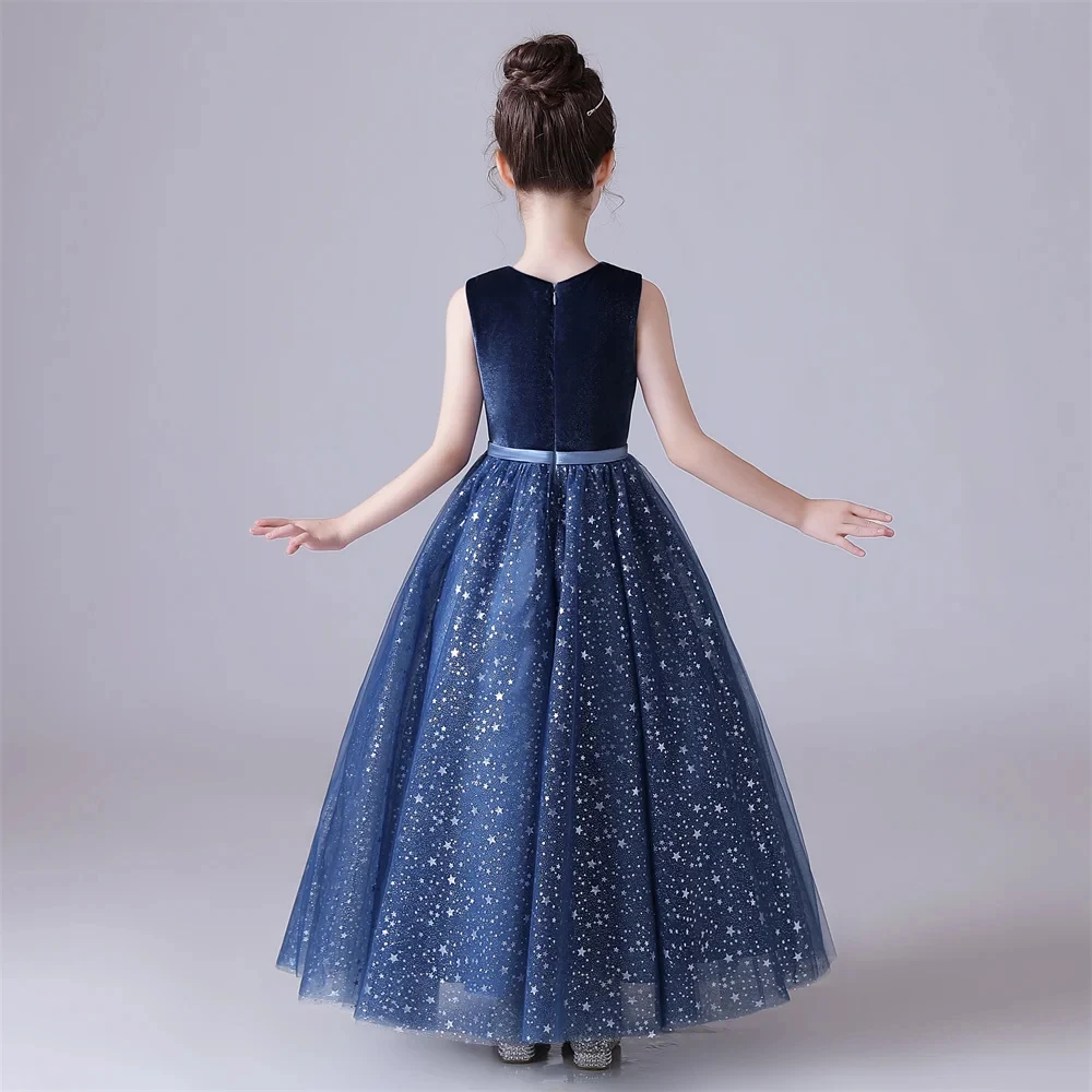 Customized Blue Flower Girl Dress for Wedding Glitter Sleeveless Floor Length Elegant Kids Birthday First Communion Gown