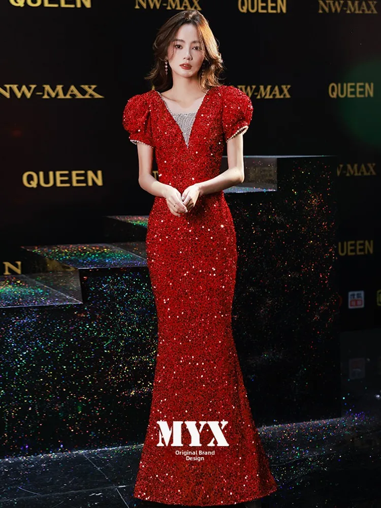 

Red Evening Gown Women's 2026 New Ele Sparkling Par Sexy Fi Tail Bride Toasting Suit High-End Feel Pure Color Korean ...