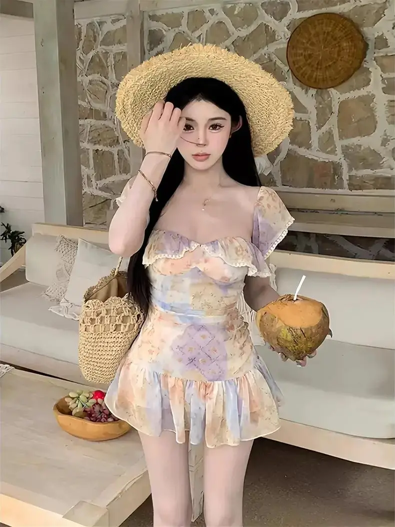 Vestido floral feminino manga plissada vestido de impressão floral verão estilo doce pescoço quadrado chiffon mini vestido praia férias outfit 2025