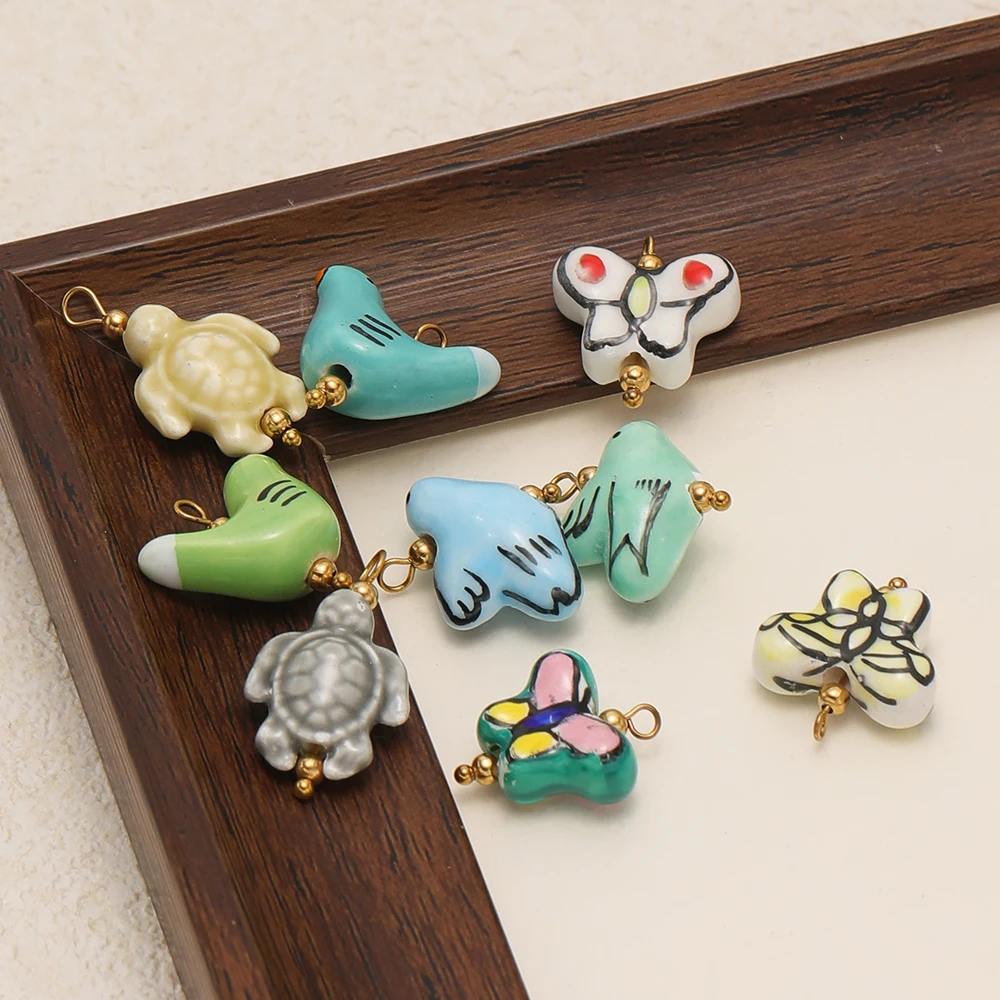 5 Stück Edelstahl-Perlenhaken mit Keramik-Anhängern in Form von Schildkröte, Vogel und Schmetterling für die Herstellung von Schmuck, DIY-Halsketten, Anhängern und Ohrringen – Detail 5