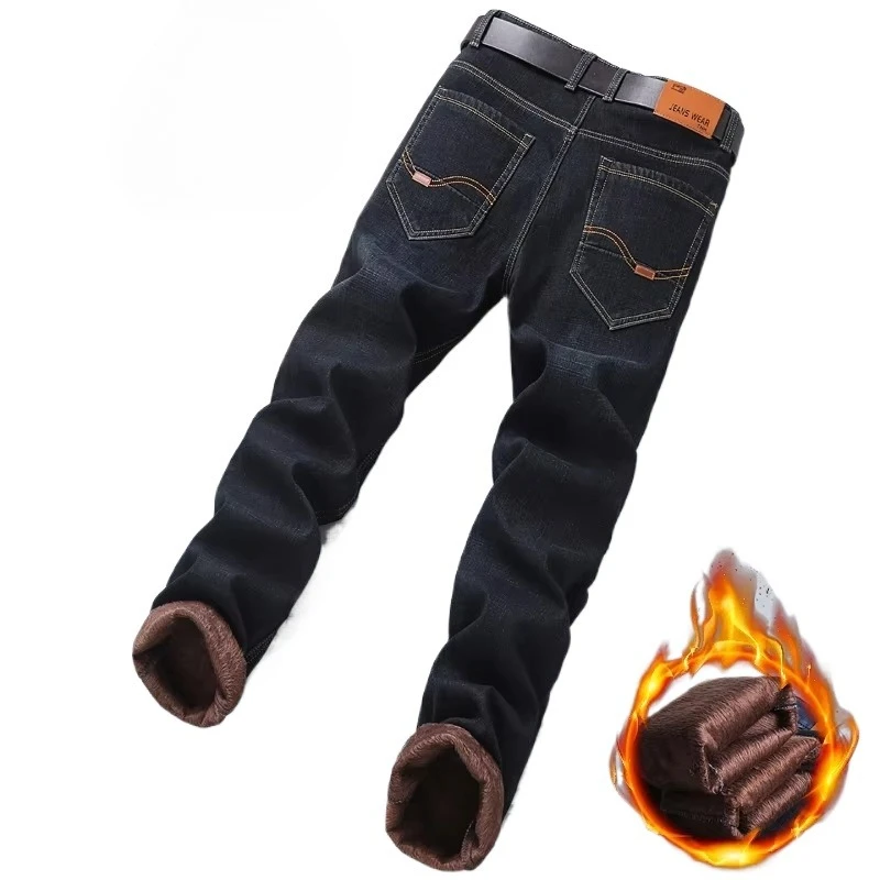

2025 Winter New Casual Men's Warm Fleece Jeans Classic Style Business Thicken Fur Regular Fit Denim Pants Brand Plush Trousers