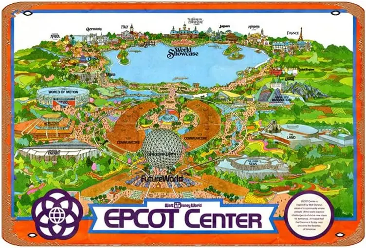 Muecddoa Vintage Epcot Center Inaugural Year Park Map Vintage Tin Sign 8X12 inches,Metal Sign Retro Art Wall Decor for Home Cafe