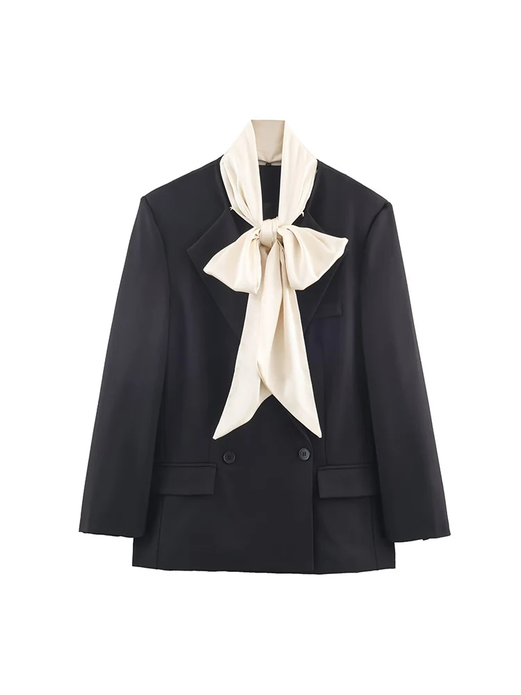 Giacca blazer doppiopetto a maniche lunghe versatile moda donna nuovo arrivo in stile europeo con sciarpa a contrasto.