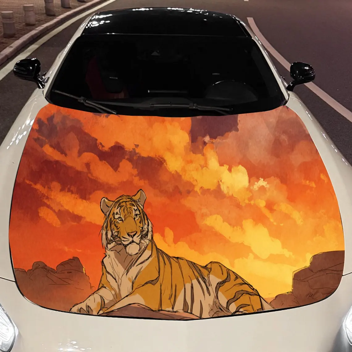 

Vibrant Sunset Tiger Car Hood Stickers - Self-Adhesive, Waterproof and Durable Vinyl Wrap, Decorate And Protect Your Car, Fit Fo