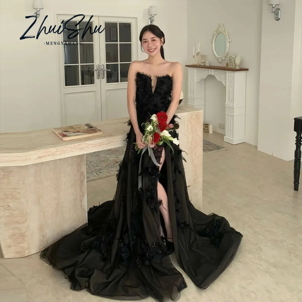 Elegant Black Tulle Evening Dresses Customized이브닝 드레스 Strapless High Side Split Appliques Flowers Feathers Prom Gowns
