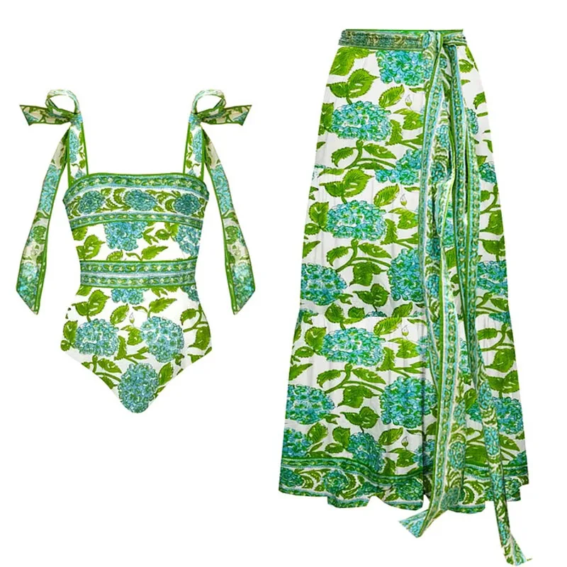

One-piece Women ​​Xiao Qing Xin Floral Swimwear Skirt Swimsuit Bikini Set Beach Vacation Style Wear Maxi Dress Skirt