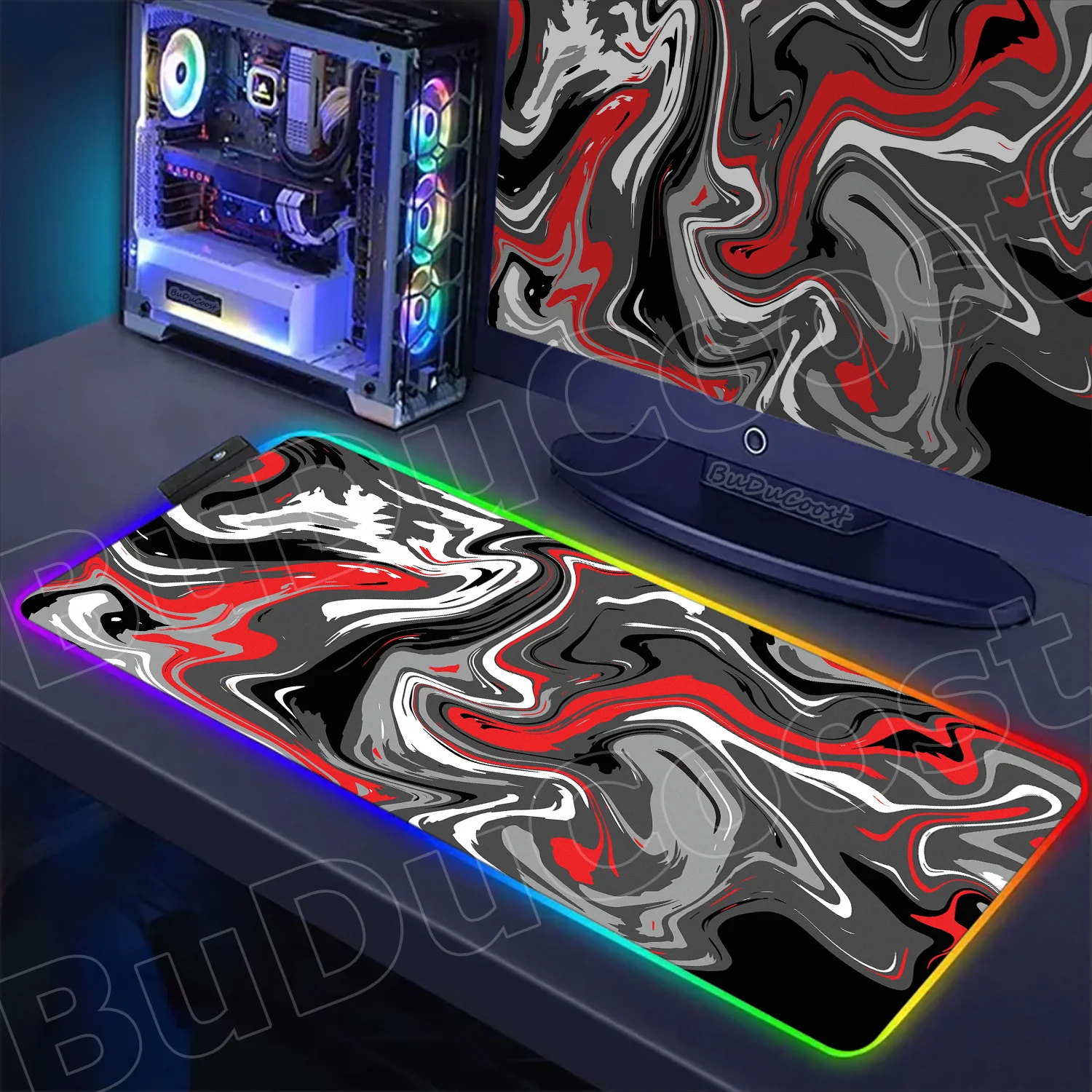 

RGB Mousepad Strata Liquid Abstract Large Mice Pad Computer Laptop Anime Led Backlight Keyboard Deskmat Natural Rubber Mouse Mat