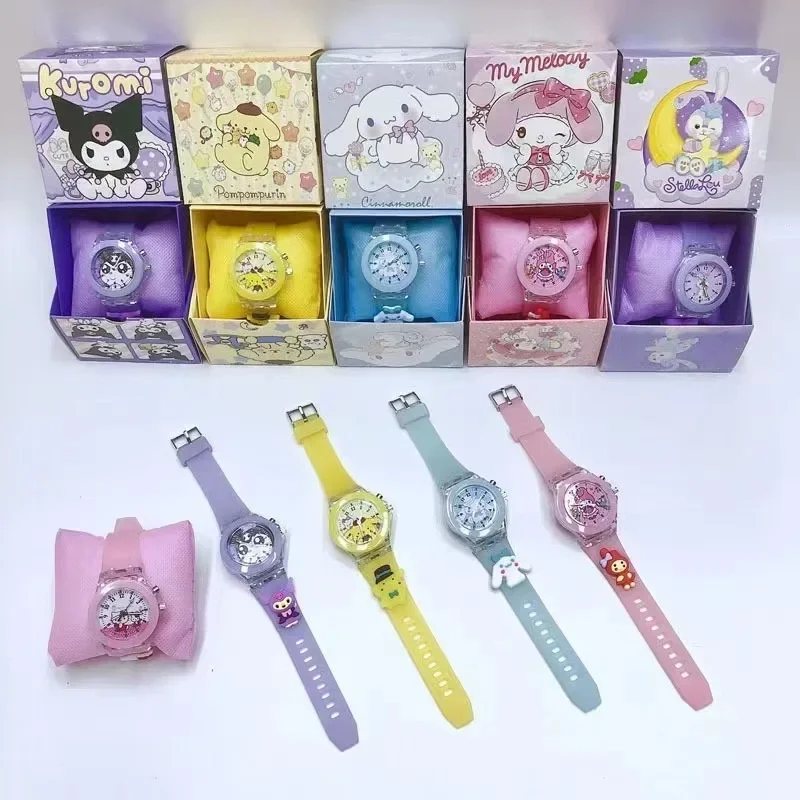 New Sanrio Waterproof Glowing Watches Kawaii Cartoon Hello Kitty Melody Kuromi Cinnamoroll Silicone Watch Cute Anime Kids Gifts