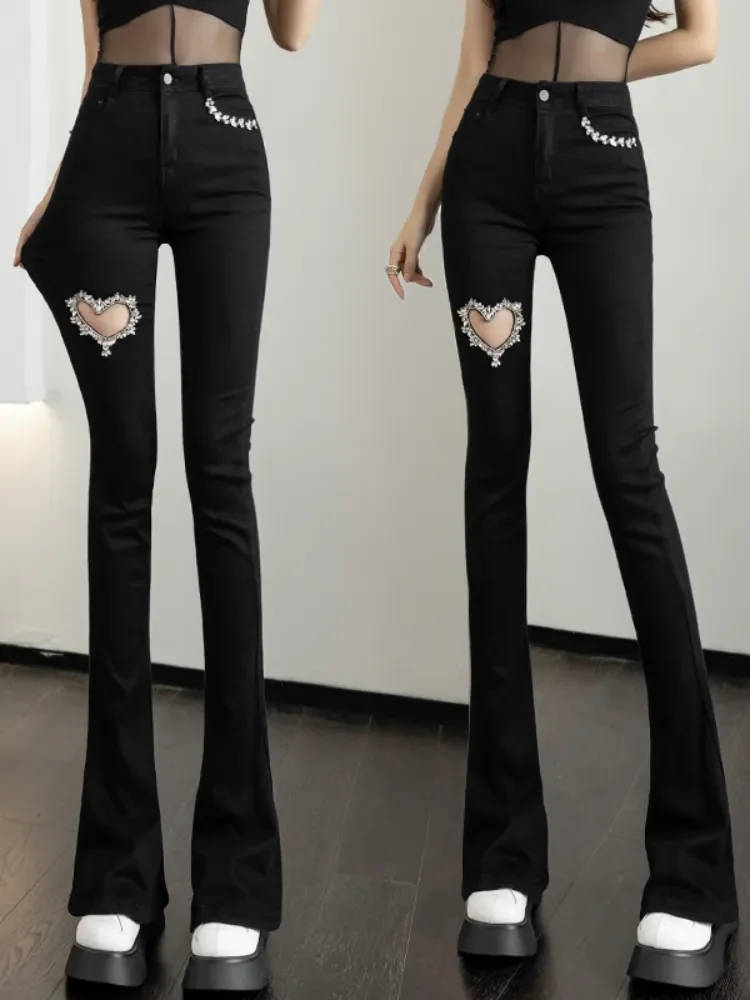 

Beaded Rhinestones Stretch Flared Jeans Women Denim Trousers Pantalon Mujer Hollow Out Boot-Cut Pants Femme Tall Girls E67