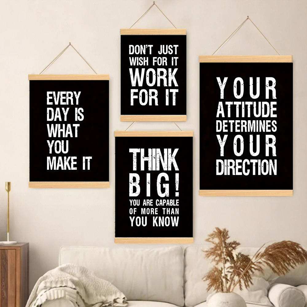 Hölzernes hängendes Rollbild, inspirierendes Zitat, Wandkunst-Set, schwarz-weiße motivierende Poster, Schlafzimmer, Fitnessstudio – positives Dekor