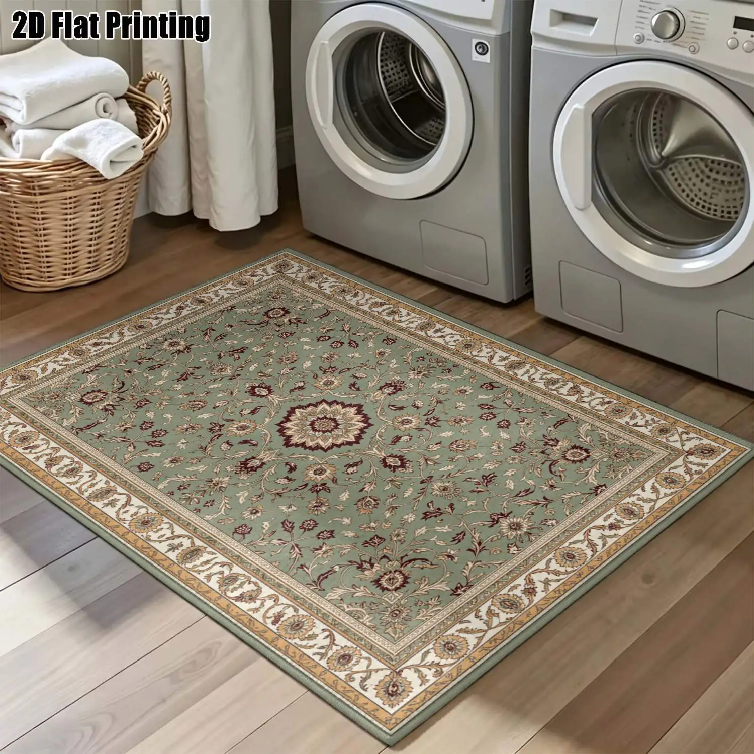 1Pc 2D Printed Carpet: Green-Grey Floral, European Vintage Geometric Striped, Machine Washable, Multi-Size, for Home Decor, Entrance/Dining/Foyer/Bedroom/Living Room