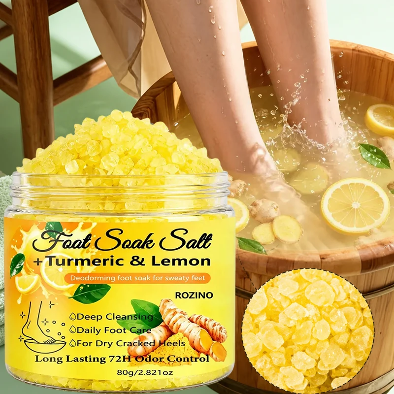 80g Turmeric Lemon Foot Bath Salt – Deeply cleansing sea salt, moisturizes heels, provides a soothing foot soak for 20 minutes, suitable for dry feet, post-exercise and bedtime care – Foot bath care, foot maintenance