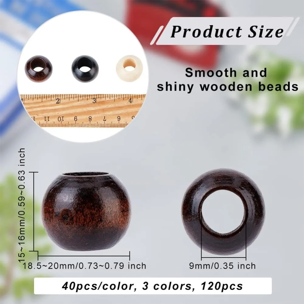 120Pcs Wooden Macrame Beads Large Hole Wood Beads Black 3 Colors 9mm Bead Round Wooden