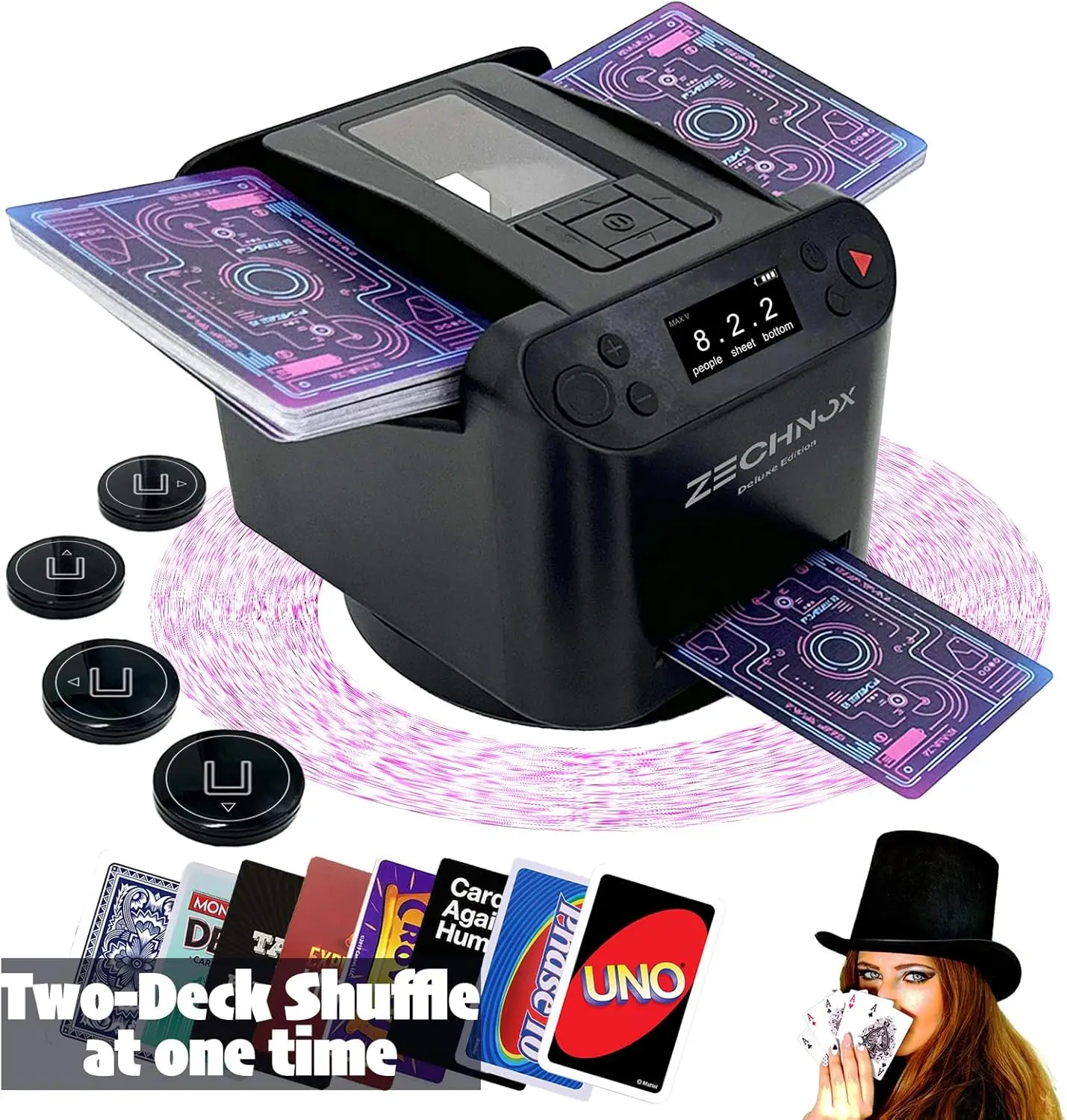 Smart 2-in-1 Automatic Card Shuffler and Dealer,Programmable Card Dealer,360° Rotation,Ultra Quiet,Rechargeable,with 4 Wireless