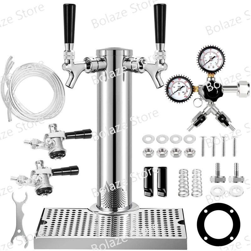 Double Tap Beer Conversion Kit, Stainless Steel Keg Tower Beer Conversion with Dual Gauge Regulator D System Keg Coupler