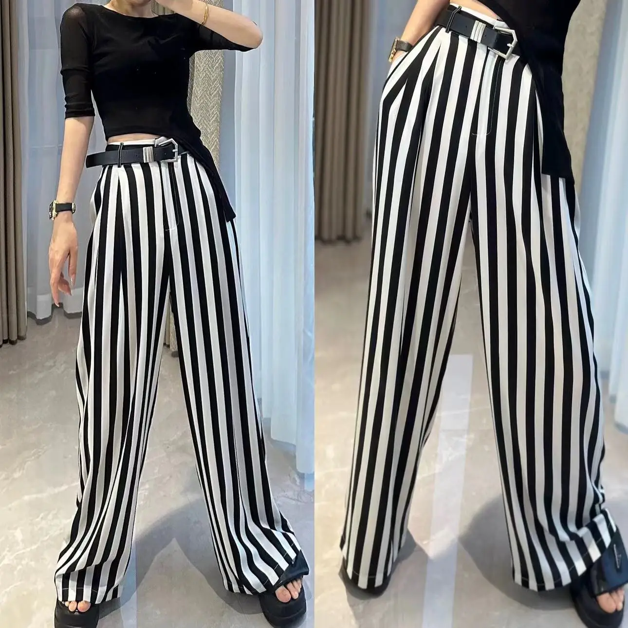 

Spicy Girl Fried Street Black and White Stripe Wide Legged Pants for Women's 2024 Summer Thin Loose Drop Casual Pants