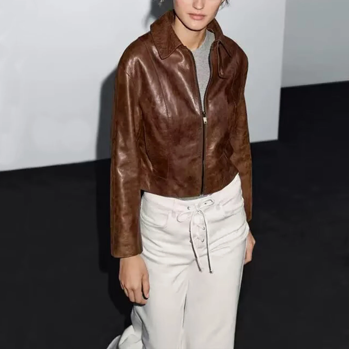 ort 플립 칼라 가죽 Jaet 여성용 Sle 2025 가을 신착 지퍼 스트레이트 튜브 롱 Sve 칼라 코트