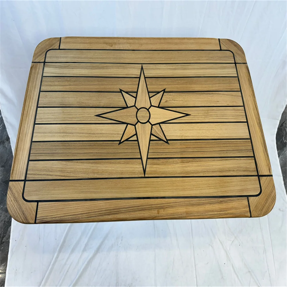 Boat Rectangular Teak Table Top 580x900mm,22.8x35.4 Inch Star Inlay Round Corner Marine Yacht RV TTR6090