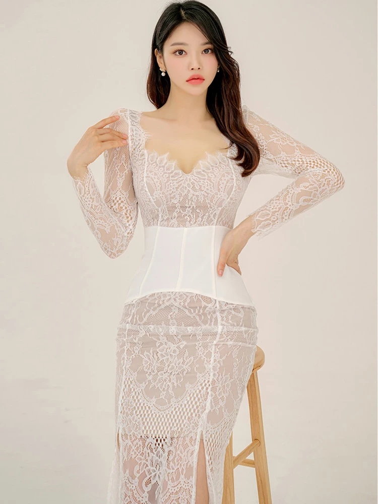 Retro หวานเซ็กซี่ชุดผู้หญิง Elegant Chic SHEER ดูผ่านลูกไม้ Cummerbund MIDI Robe หญิงพรหมวันที่ Vestidos