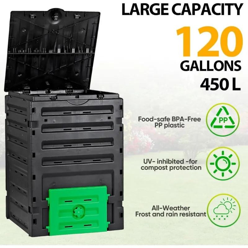 Garden Compost Bin from BPA Free Material -120 Gallon(450 L) Large Compost Bin Aerating Outdoor Compost Box Easy Assembling