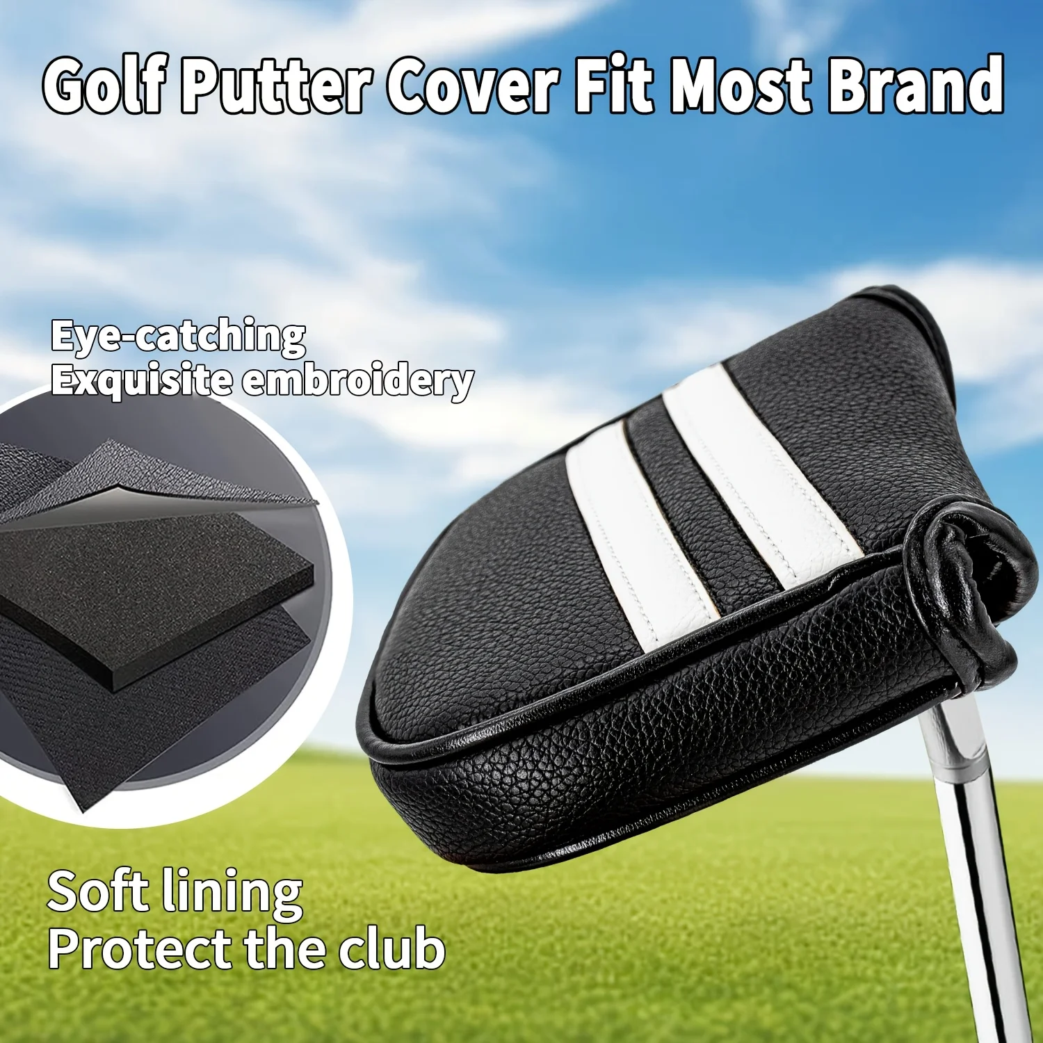 1pc Double Bar Stripes Style Golf Club Head Cover, Golf Mallet Putter Cover, Made of PU Material, Universal Fit for Most Brands view 4