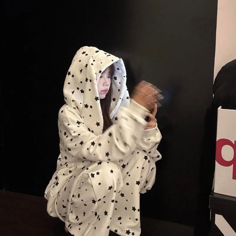 

American Star Rabbit Ears Hoodie Women's 2025 New Autumn/Winter Lazy Style Loose Leisure Two Piece Set Female Clothing