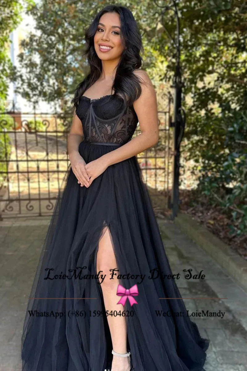 Vestido de noite de fenda alta feminino, Deslumbrante, Longo, Elegante, Renda preta, Vestido de concurso, Formal, Personalizado