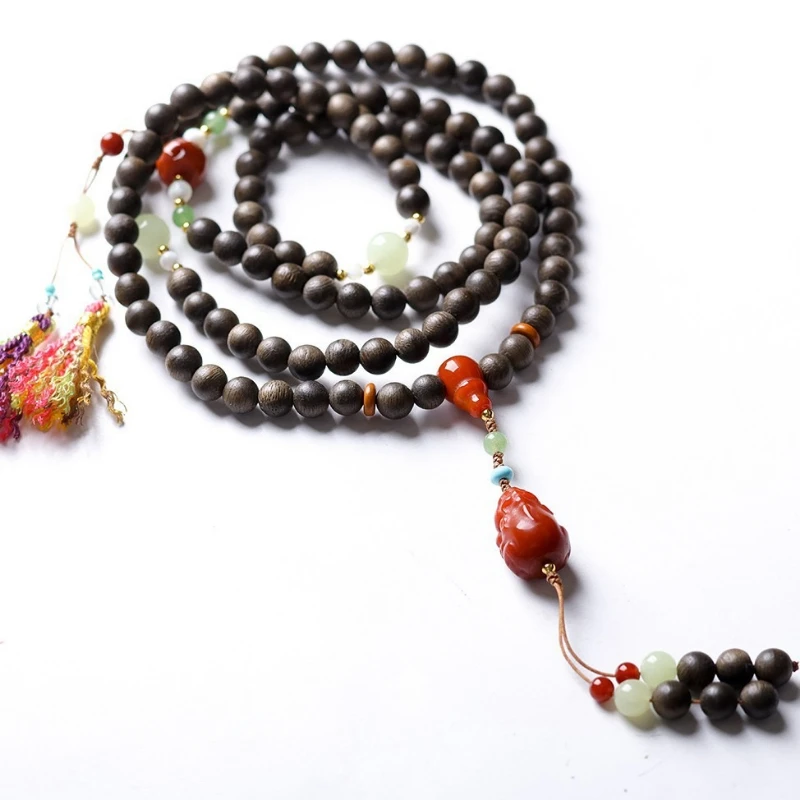 White Agarwood Multi-Strand Prayer Bead Bracelet with South Red Agate Pixiu Figurine New Chinese-Style Necklace for Women