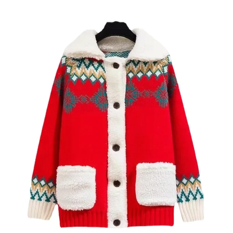 Knit Cardigan Women Print Christmas Single Breasted Jumpers Sweet Sweater Thick Spliced Coat Outwear Casual Autumn Winter