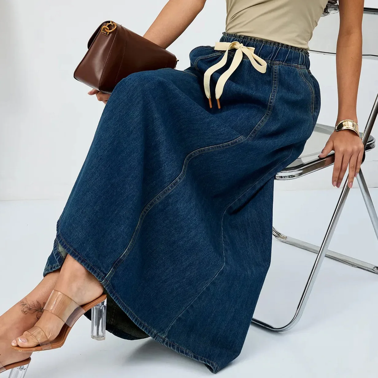 Harajuku Denim Skirt Y2k Aesthetic Elastic Drawstring High Waist A Line Flare Jean Skirt Ladies Vintage Skirts Streetwear view 3