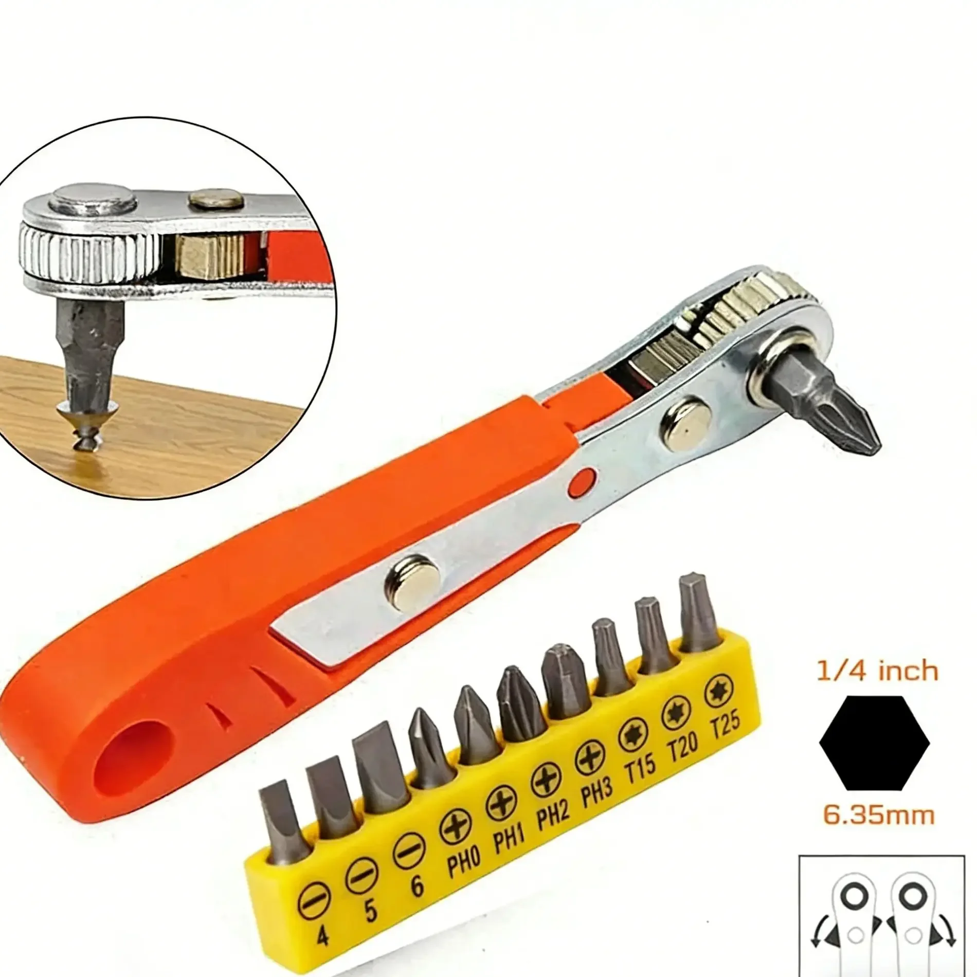Mini Chave Catraca e Chave de Fenda com Soquete Hexagonal de 1/4'' Ajustável de Liberação Rápida, Ferramenta Manual para Reparo Automotivo em Espaços Apertados