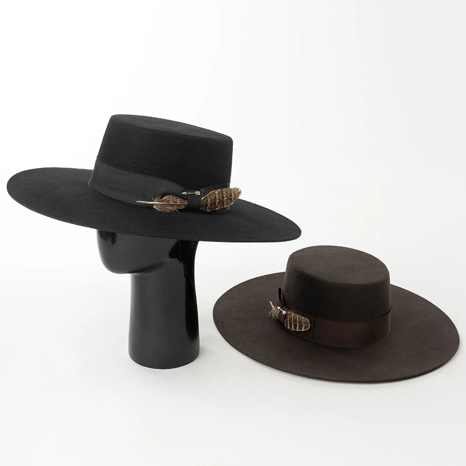 

USPOP Ретро шерстяная фетровая шляпа-федора для женщин с широкими полями и плоским верхом, чародейская шляпа с бантом из ленты и перьями, элегантная шерстяная шляпа