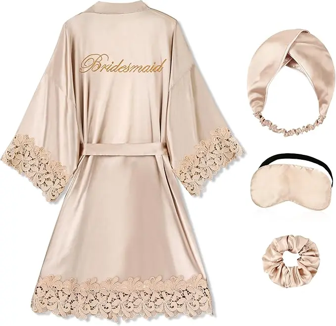 Bride Robe for Wedding Day Set Bridal Robe with Bride Sash Lace Trim Silky Embroidery Satin Kimono for Bridal Party