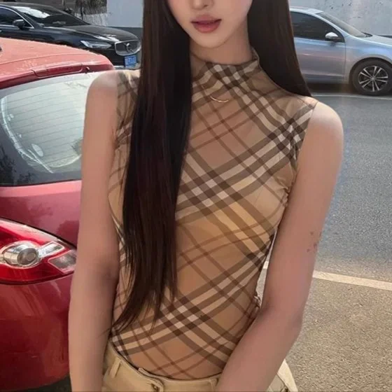 الفرنسية خمر نصف الياقة العالية سترة دون أكمام المرأة الصيف نمط جديد التخسيس منقوشة الأعلى سيدة عصرية عصرية #3