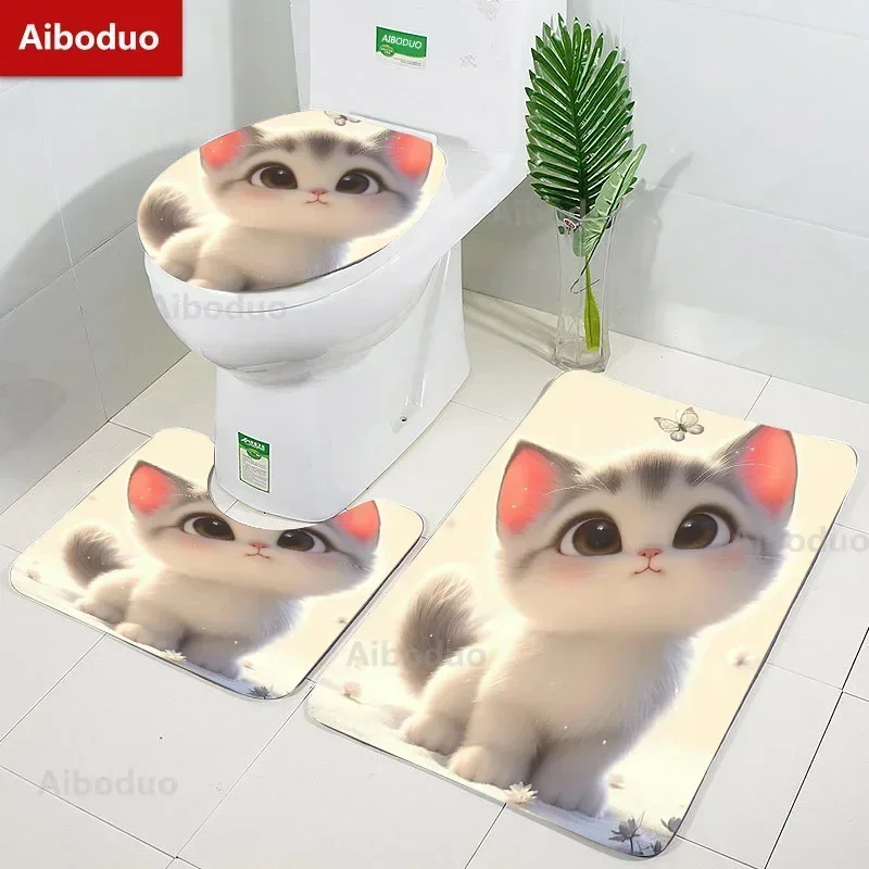 Cute Cartoon Little Cat Bath Room 3 Pcs/set Mats Home Flannel Decorations and Accessories Floor Rugs Toilet Cover 40*60/50*80 CM