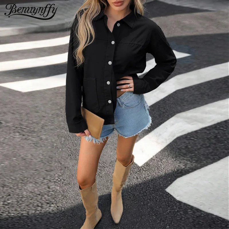 

Benuynffy Single Breasted Long Sleeved Denim Shirt Jacket Women's Autumn 2025 New All Match Casual Loose Jeans Top With Pockets